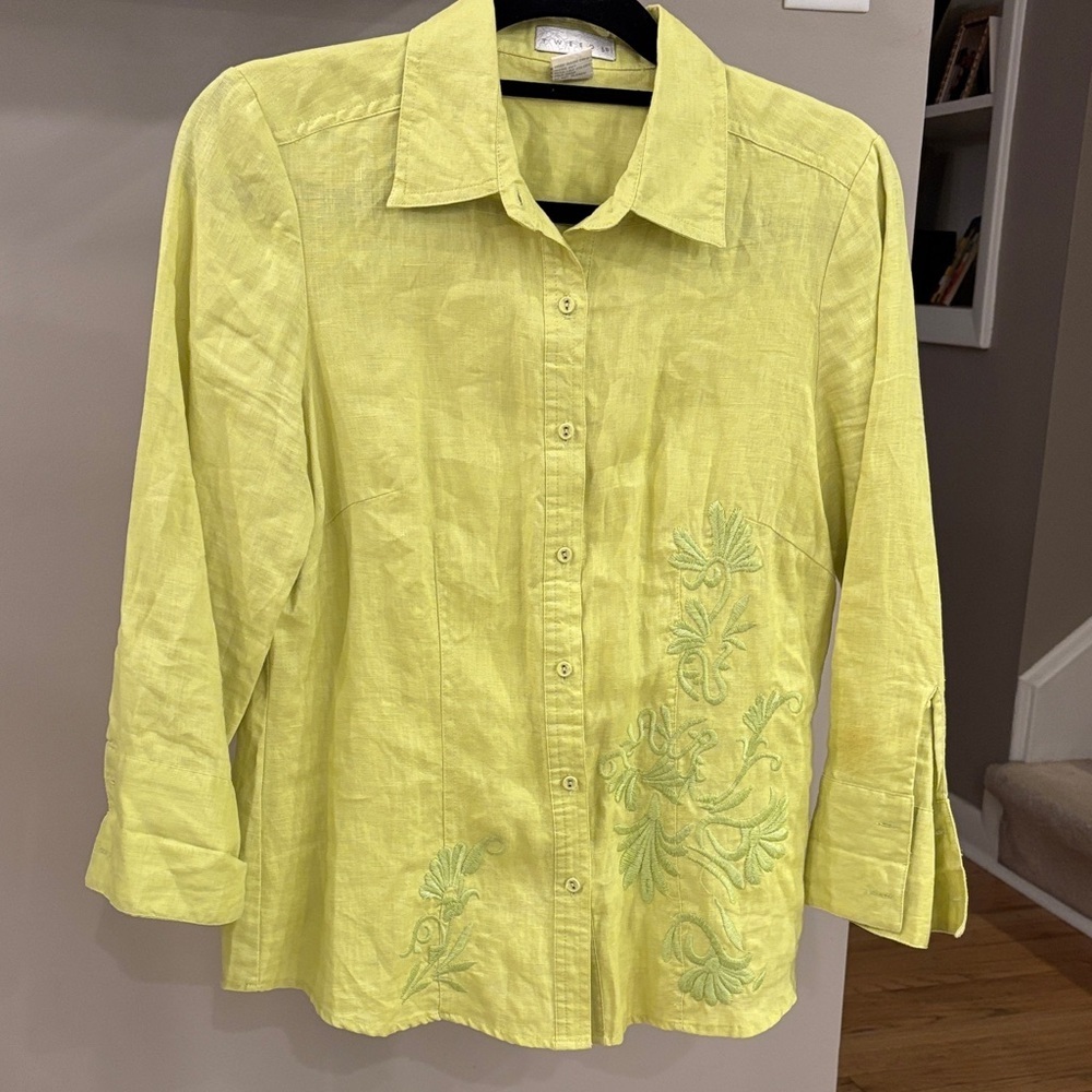TWEEDS 100% Linen Embroidered Button Down Shirt Green Size S 3/4 Open Sleeve